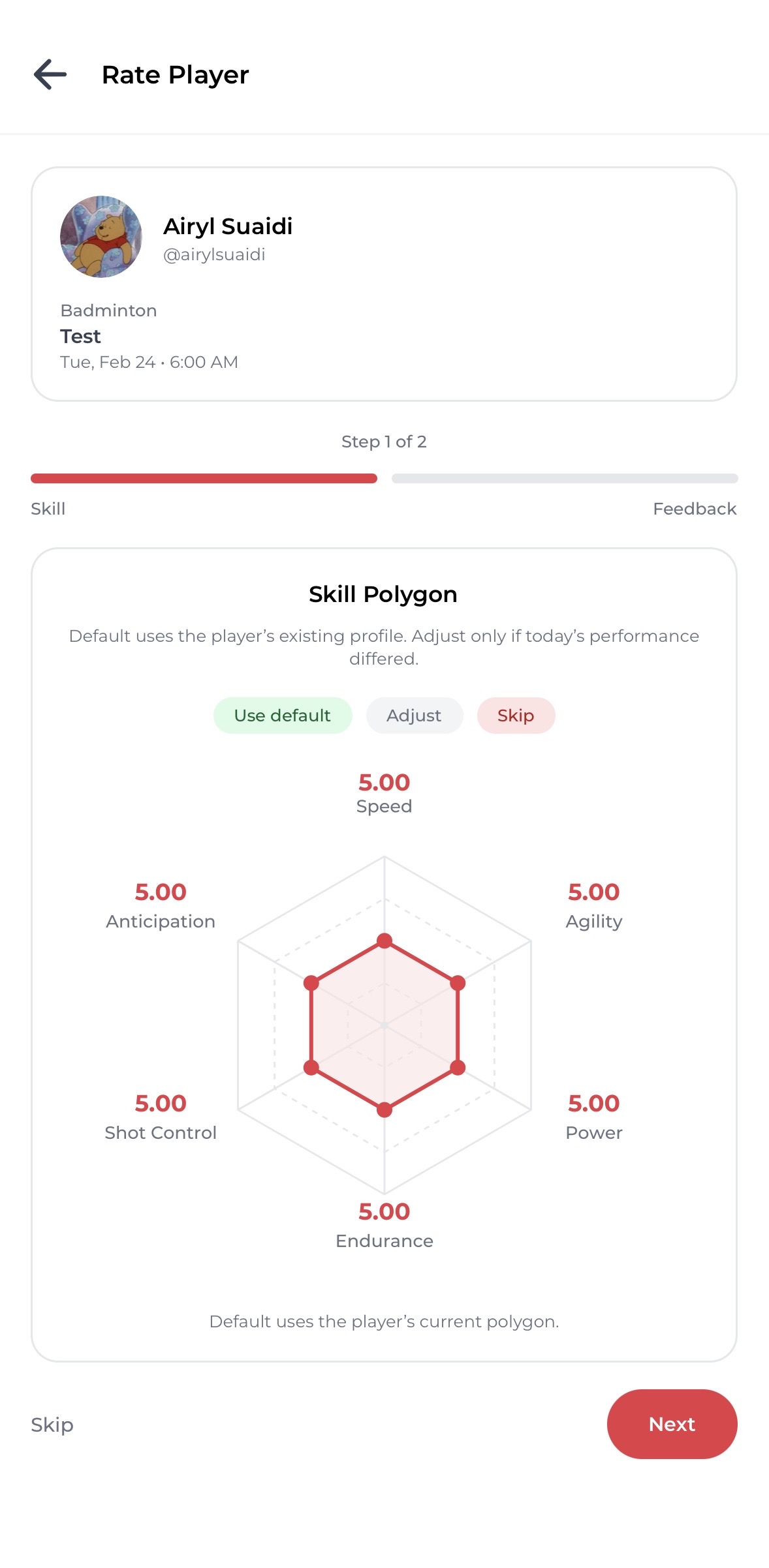 Player rating screen preview